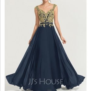Navy blue/gold beaded formal gown (size 14/16), floor length.